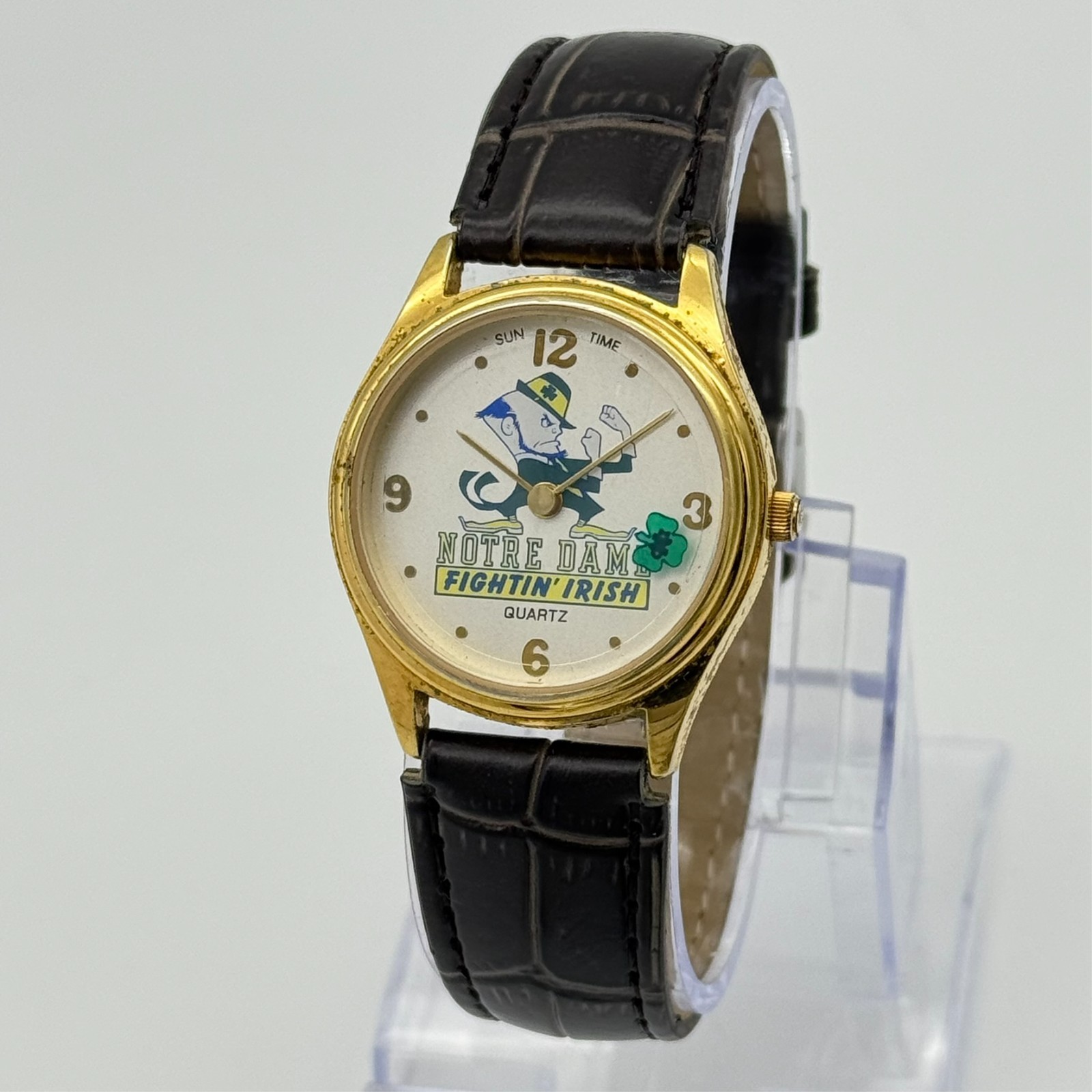 Vintage Unisex NOTRE DAME Fightin’ Irish Gold Tone Watch, Mystery Dial Clover