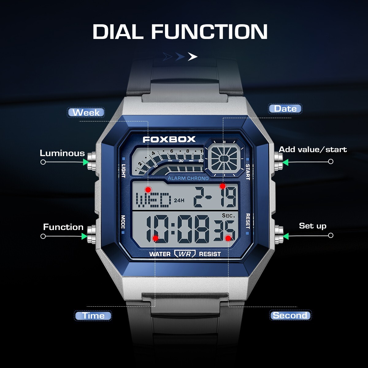 Mens Business Stainless Steel Digital Waterproof Luminous With Date Wrist Watch