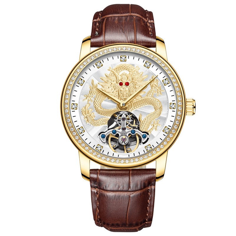 AILANG Men’s Hollow Out Diamond Loong Dial Tourbillon Automatic Mechanical Watch