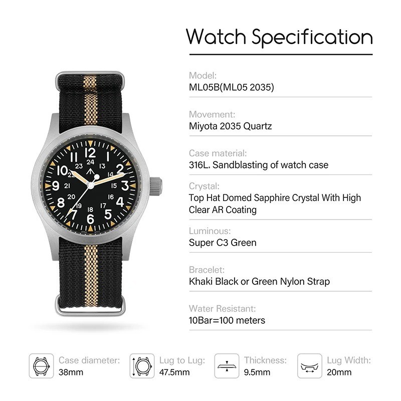 Vintage Sapphire Crystal Waterproof Military Watch