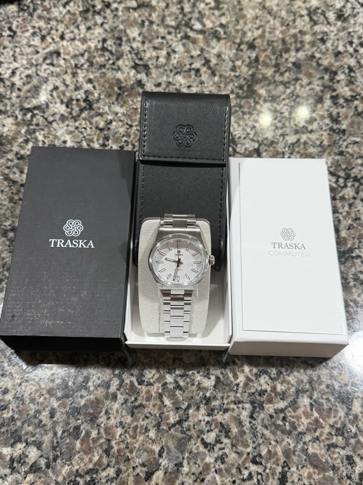 Traska Commuter 38mm White Dial Automatic 100m Steel Bracelet Box Papers