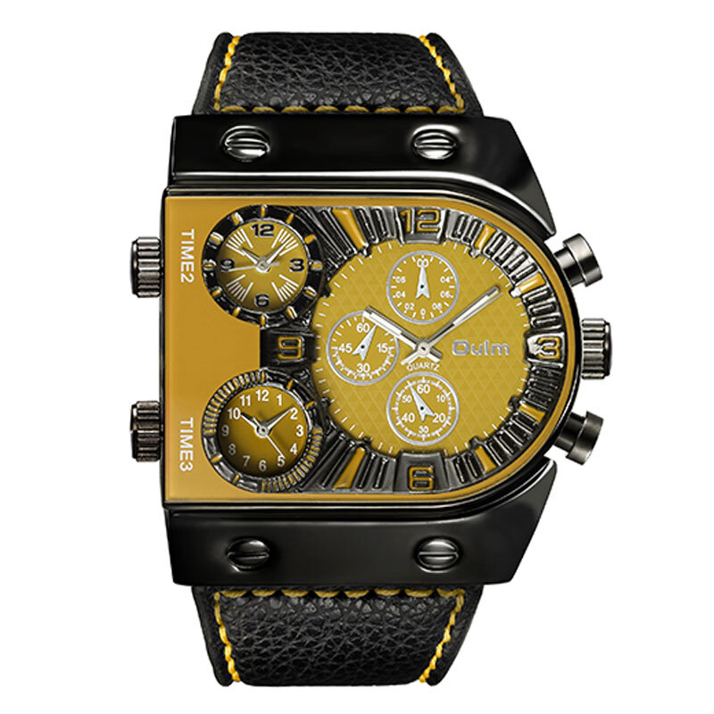 Oulm Mens Quartz Watches Leather/Steel Strap Sports Multi-Time Zones Wristwatch
