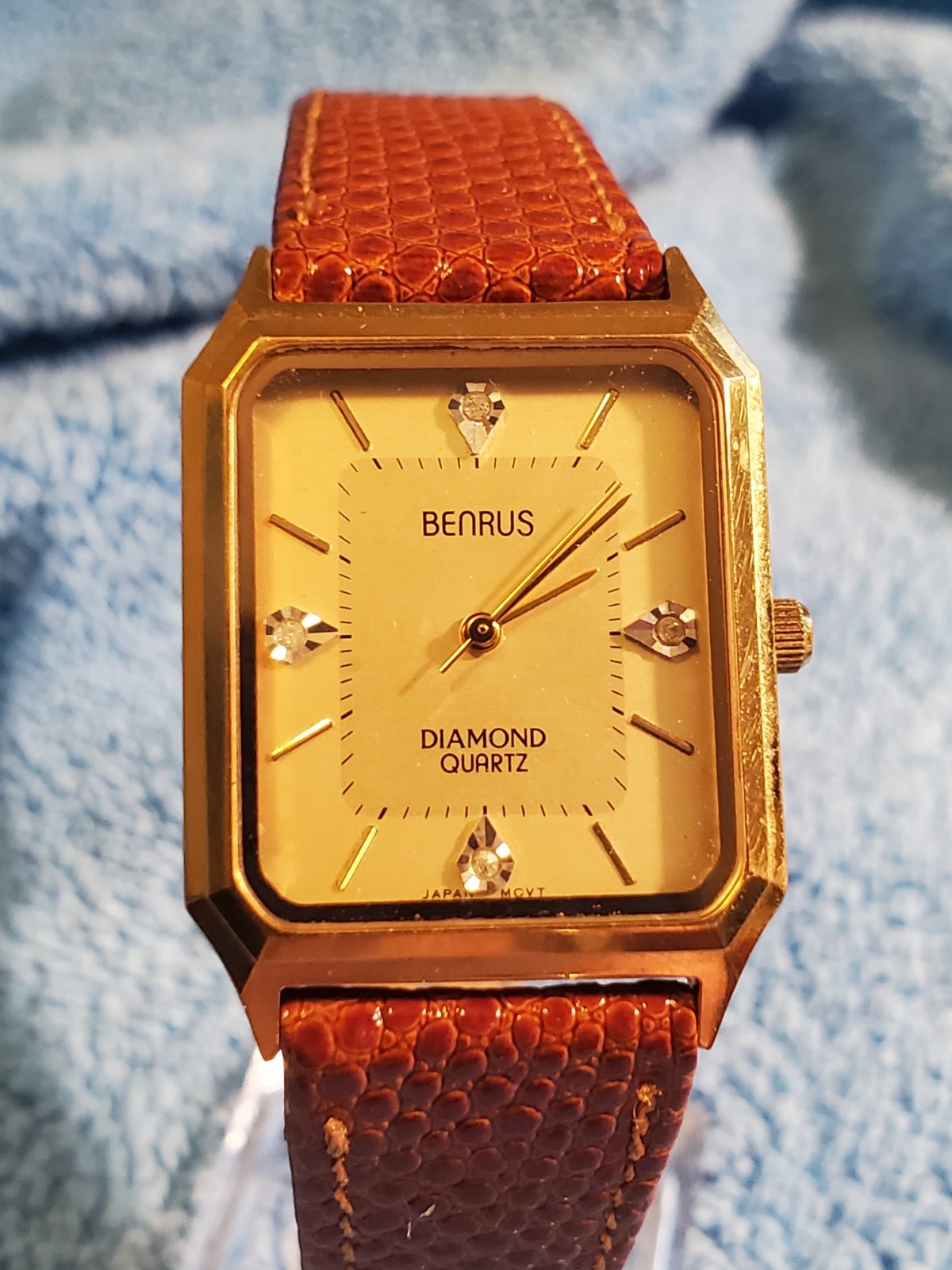 Vtg Benrus Tank Watch 26mm Gold Tone Diamonds at 12,3,6 and 9