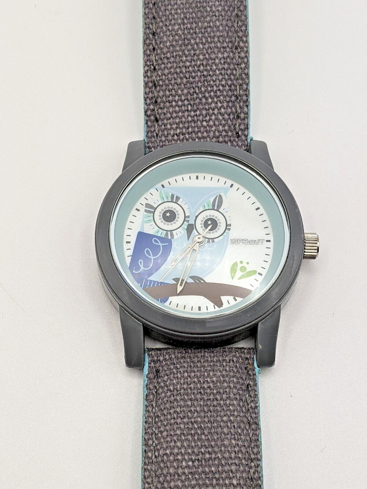 iSprout Quartz Watch Eco Friendly Grey Organic Cotton Strap Blue Owl Dial