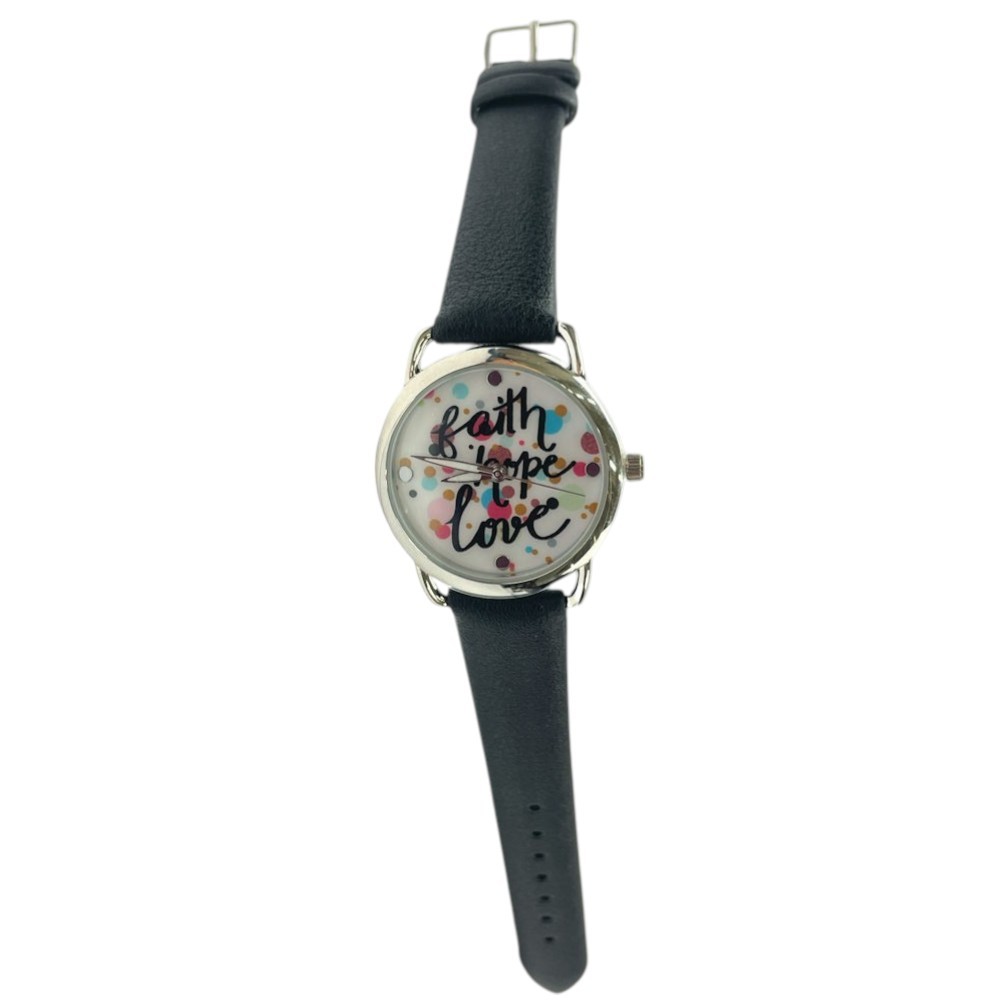 Faith Hope Love Women’s Quartz Analog Watch with Black Faux Leather Band