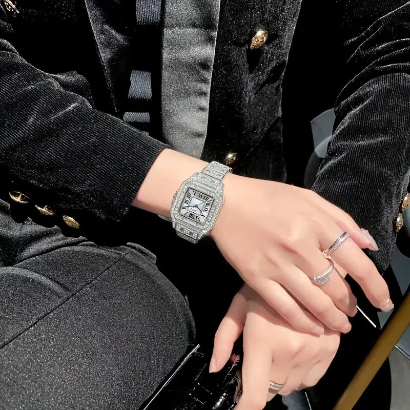 Luxury Rhinestone Quartz Women Sophisticated Iced Watch Square Accessory Elegant