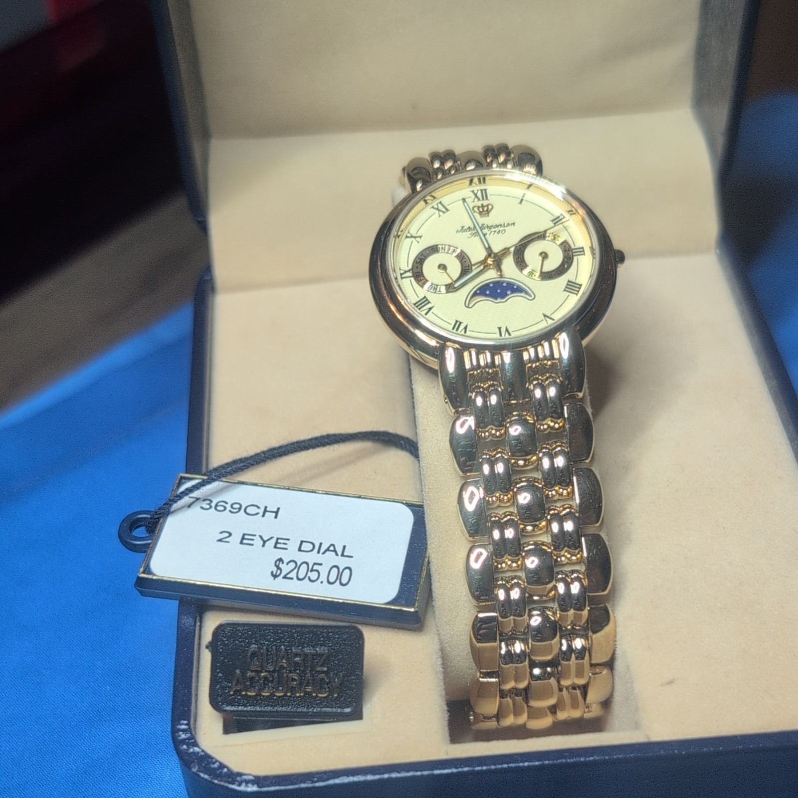 Jules Jurgensen Quartz Moon Phase Day/Date White Roman Dial Gold Bracelet NIB