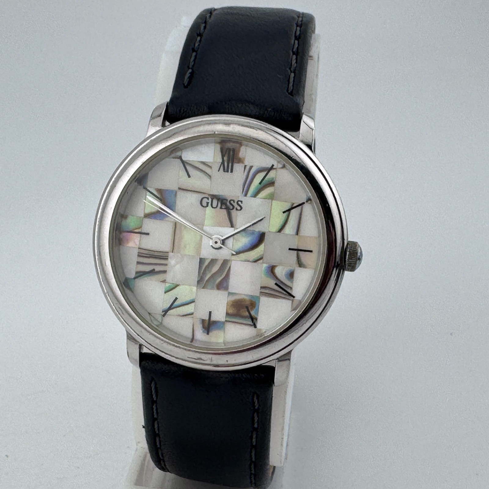 VTG Guess Quartz Watch Unisex Silver MOP Abalone Mosaic Dial Leather New Battery