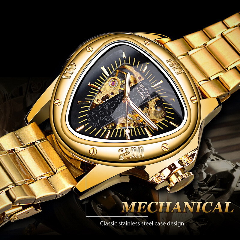 WINNER Mens Triangle Watch Steel Belt Skeleton Automatic Mechanical WristWatch