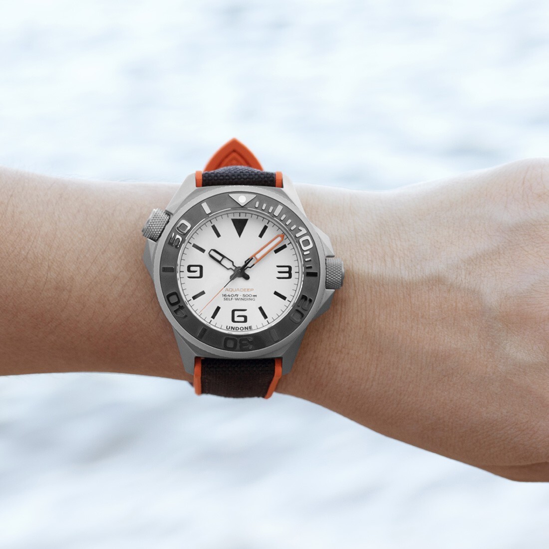 UNDONE AQUALUME Automatico Titanio Silicone Tessuto Bianco Arancio Orologio Uomo