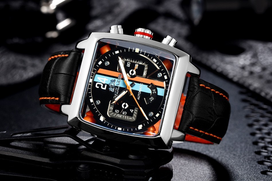 Automatic Mechanical Self-Wind Men’s Watch Square Sports Leather Band Waterproof