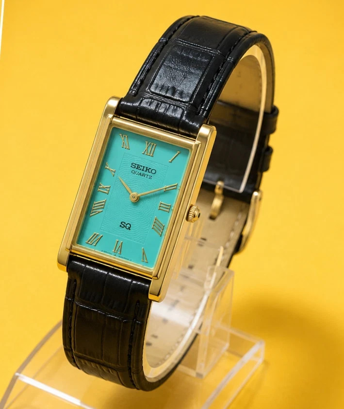 Vintage Refurbished Seiko Quartz Rectangular Blue Dial Black Faux Leather Strap