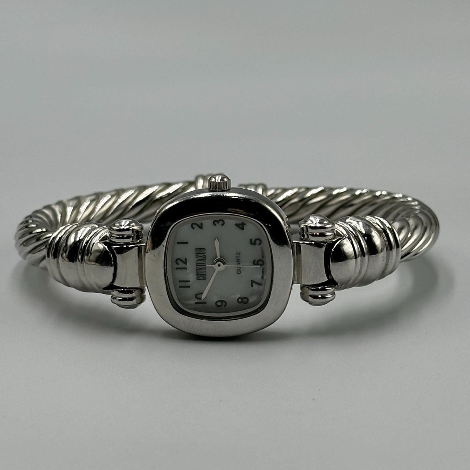 Cote D’Azur Watch Women Silver Tone Twisted Rope Hinged Cuff Band New Battery