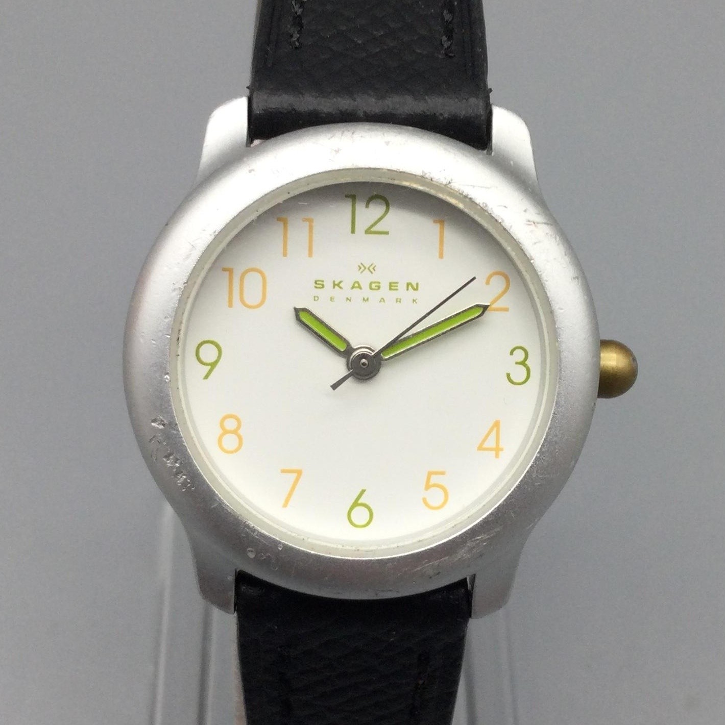 Skagen Womens Watch 27mm Silver Tone Black Leather K555LG New Battery