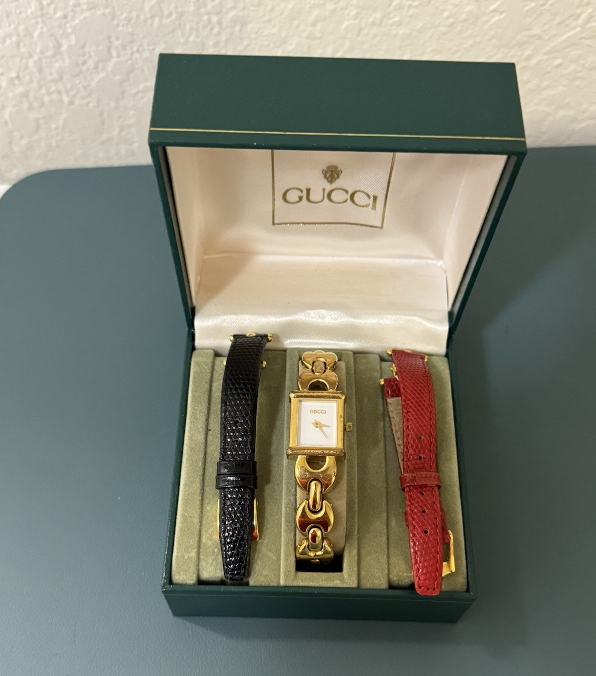 Gucci Change Belt Swiss Made Quartz Rectangle Watch w/ Box, Black/Red Straps