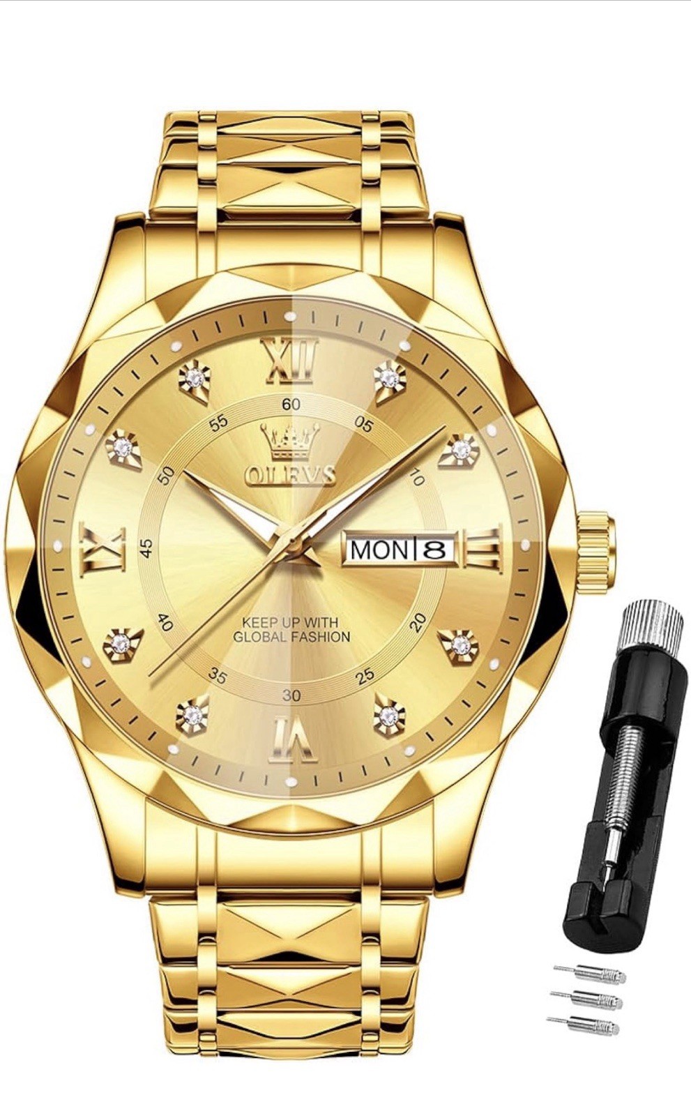 OLEVS Watch Mens Luxury Gold/Diamond, Stainless Steel Business Analog Luminous