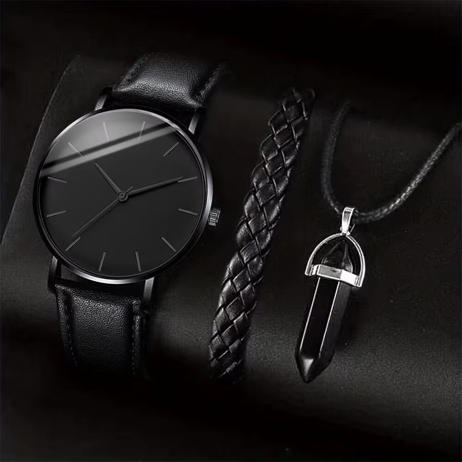 3Pcs/Set Men Business Watches Casual Leather Band Analog Male’S Quartz Watch Nec