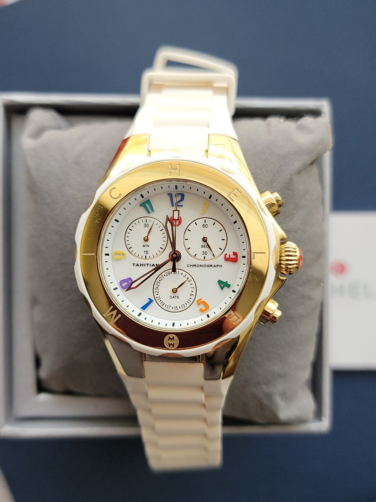 MICHELE White Tahitian Chronograph Watch Gold multi color face, jelly straps