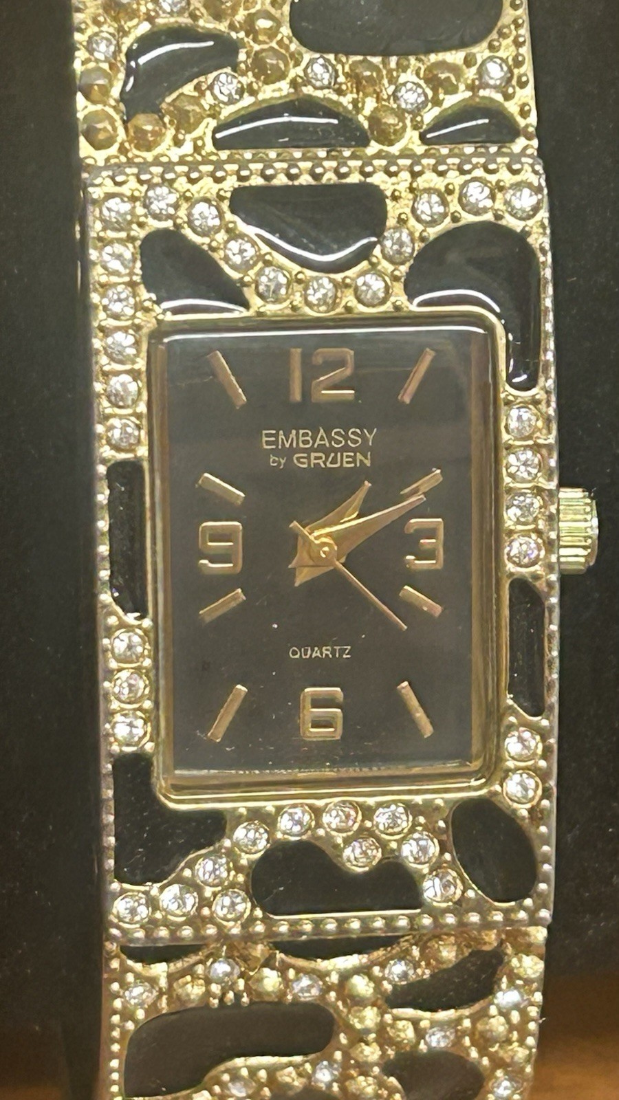 Gruen Embassy Women’s Quartz Black Dial Rectangle Gold Animal Print Bracelet