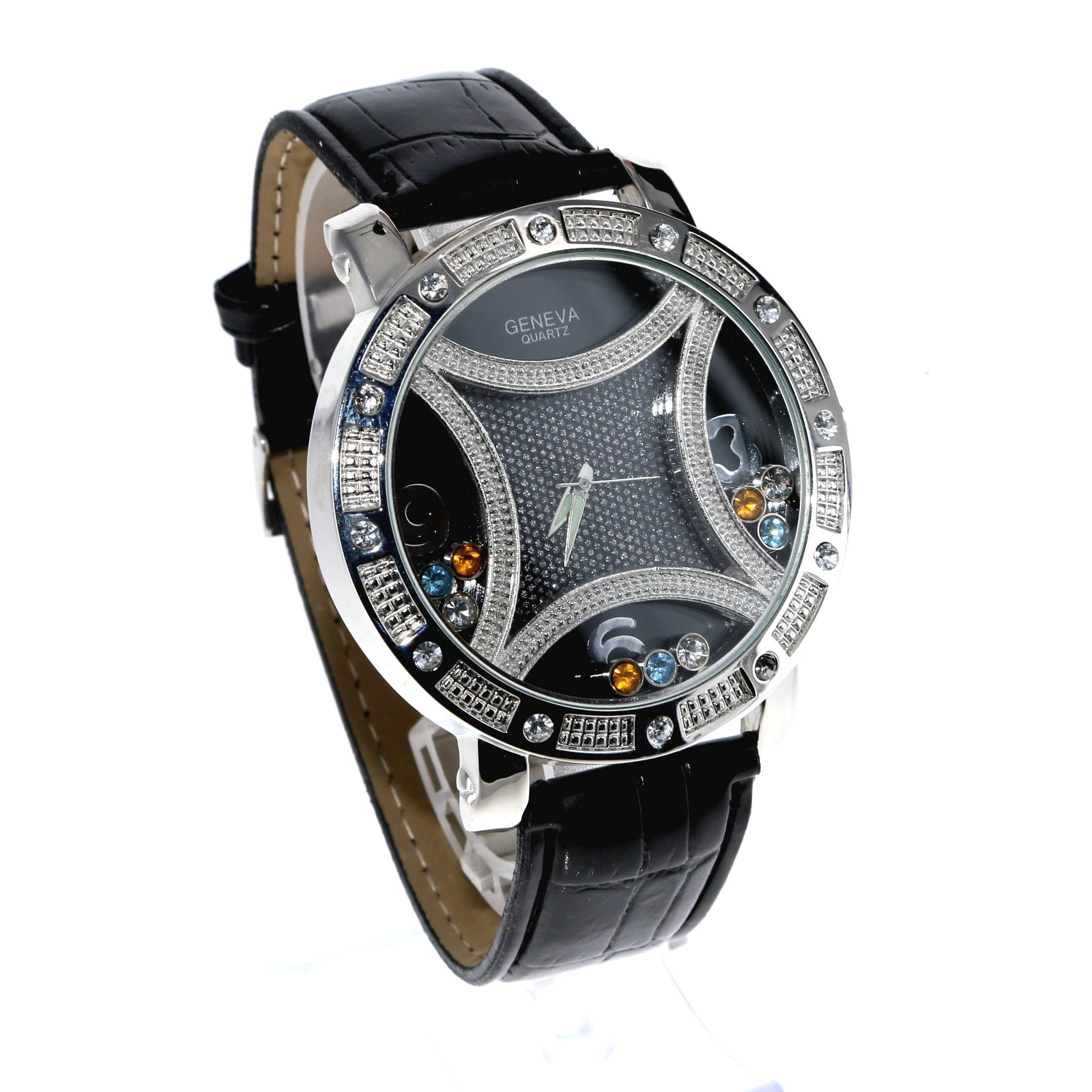 Hip Hop Men’s Floating Multi-Color Stone, Silver Tone Leather Band Watch