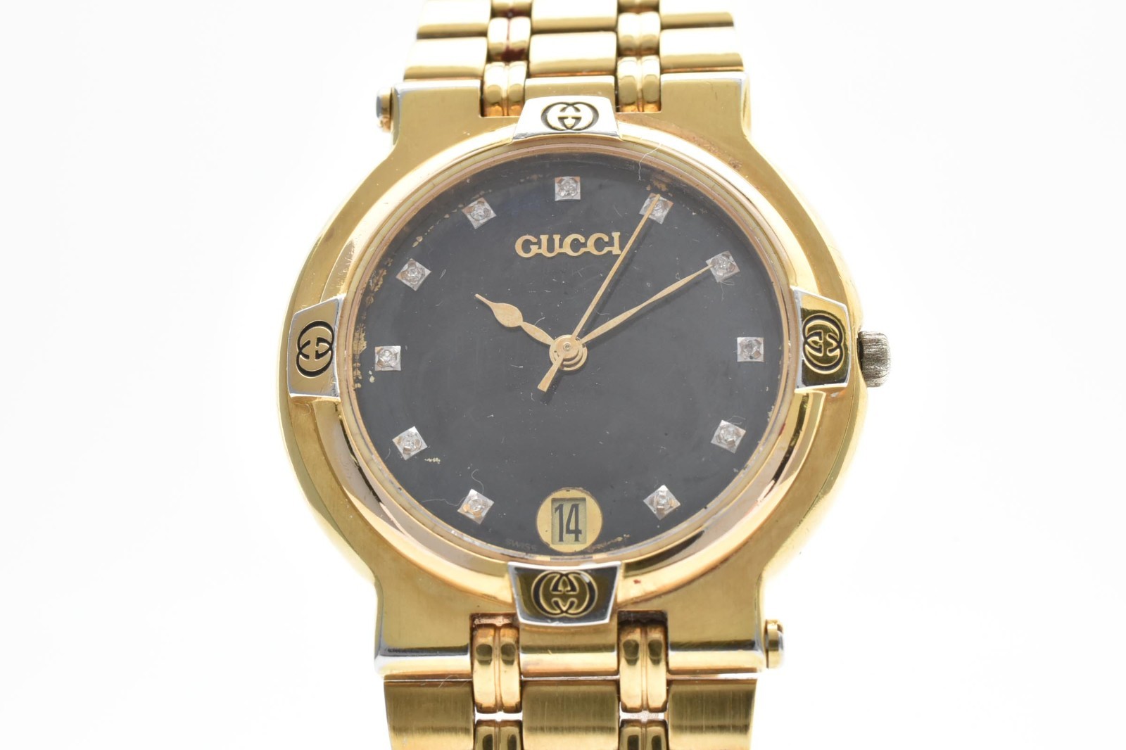 [Exc +5] Vintage GUCCI 9200M Gold Dial Diamond 11P Quartz Men’s Watch From JAPAN