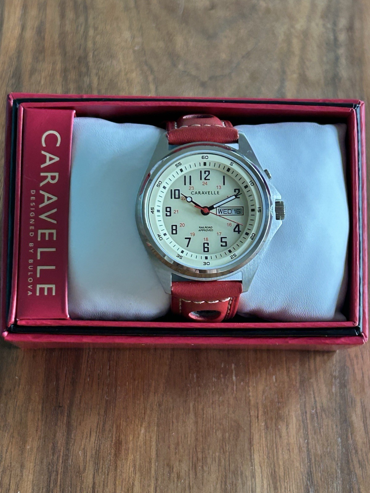 Caravelle Railroad Approved Quartz Day-Date 24Hr Dial Red Leather Strap