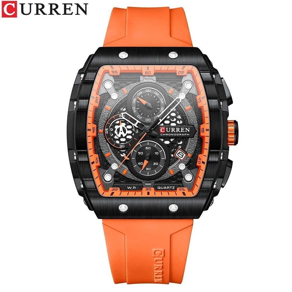 Men’s CURREN Chronograph Sport Luxury Tonneau Case Watch Silicone Strap