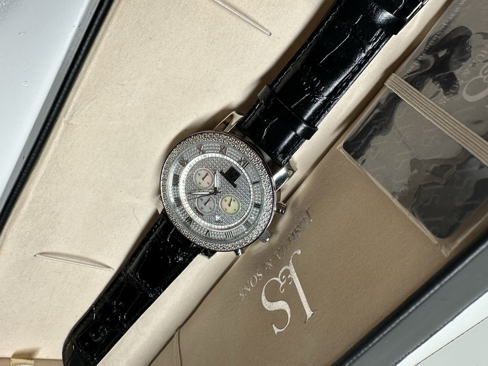 Joshua & Sons Chronograph 47mm Silver Watch Genuine Diamond Bezel Black Leather