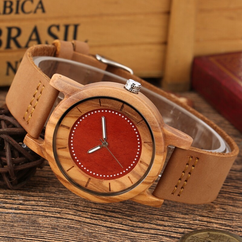 Men’s Wooden Watch Handmade Natural Wood Leather Strap Bamboo Quartz Watches