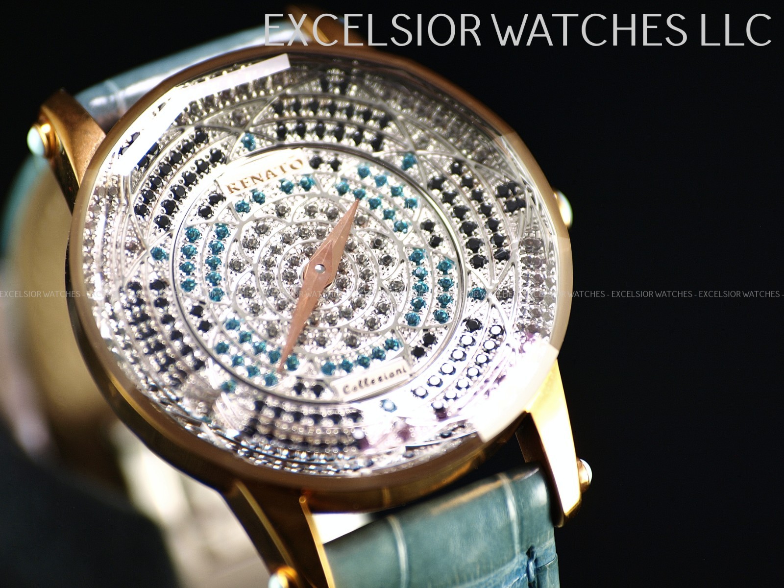 RARE NOS RENATO BEAUTY COLLEZIONI SAPPHIRE PAVE DIAL ALLIGATOR STRAP SS WATCH