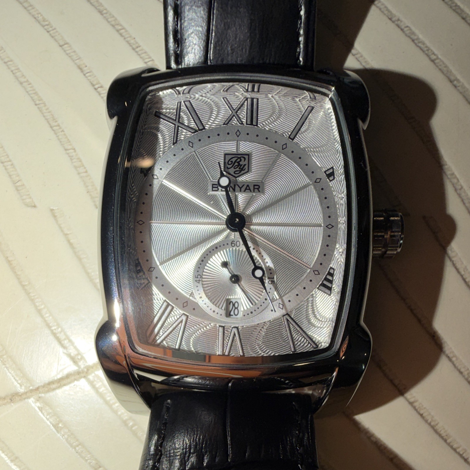 BENYAR BY-5114M Men’s Tonneau Watch Silver Dial Black Leather Quartz Date 30m
