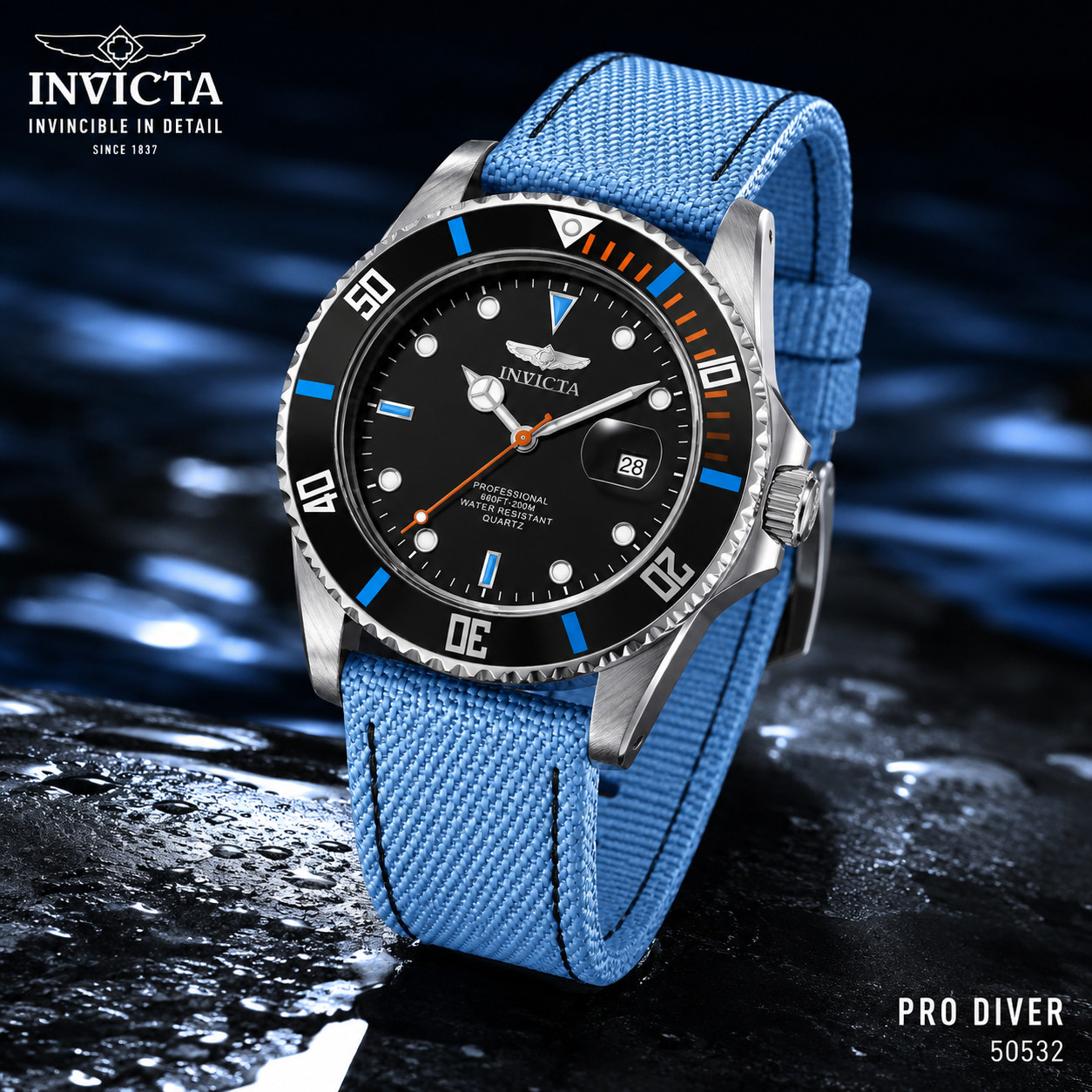 Invicta Pro Diver 50532 Men’s Watch – 42mm Quartz Dive Watch | Light Blue Nylon