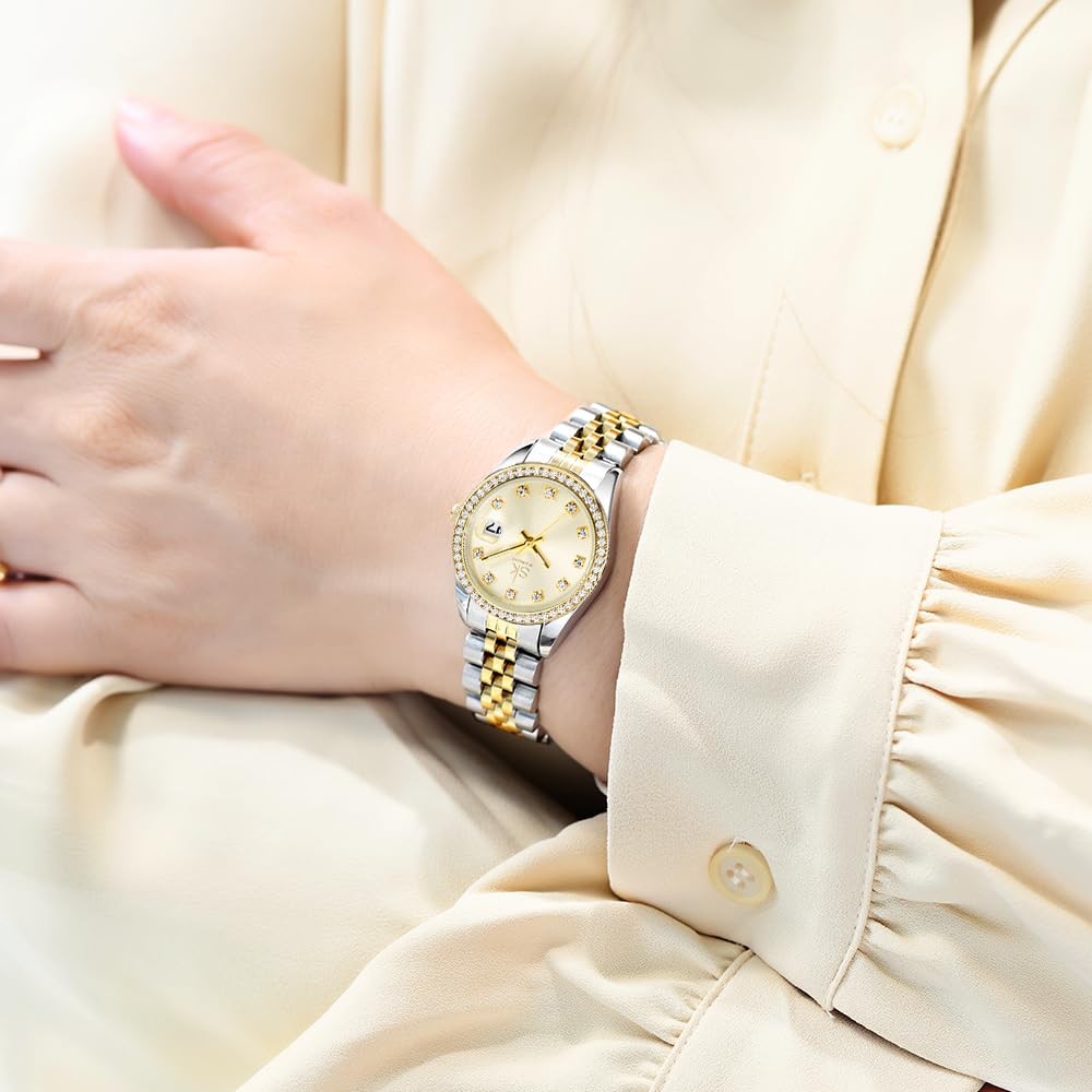 Women’s Crystal Accented with Solid Alloy Steel Band Watch Elegant Dress Quar…