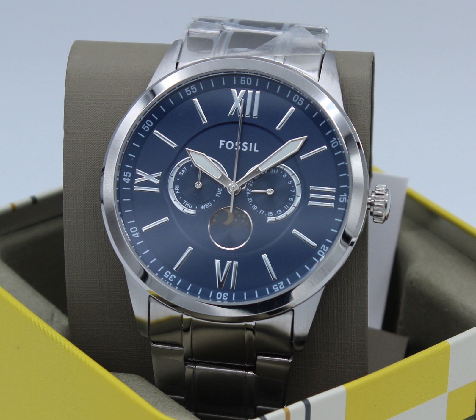 NEW AUTHENTIC FOSSIL FLYNN SILVER BLUE CHRONO MULTIFUNCTION BQM7087 MEN’S WATCH