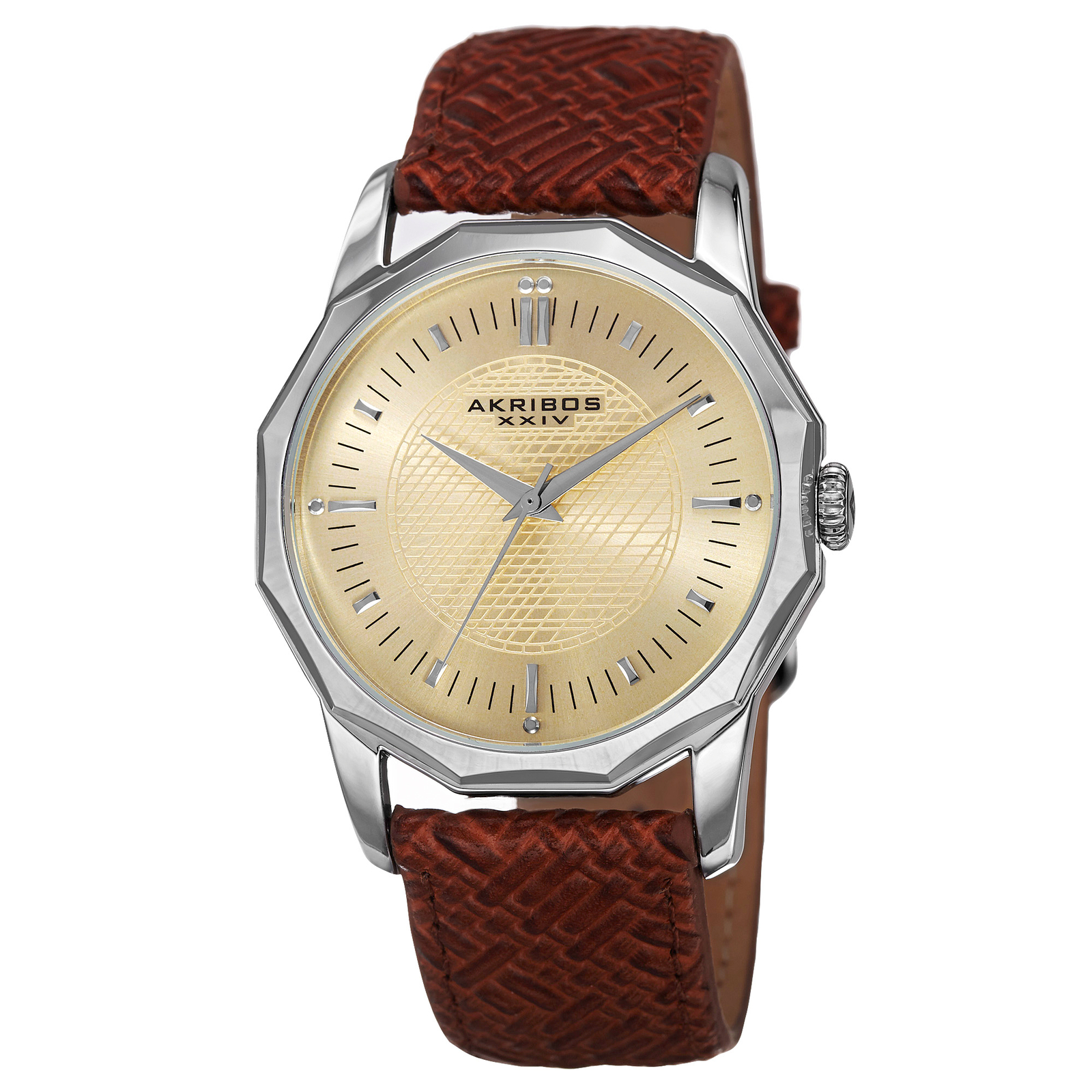 New Men’s Akribos XXIV AK825SSBR Quartz Dodecagon Case Braided Leather Watch