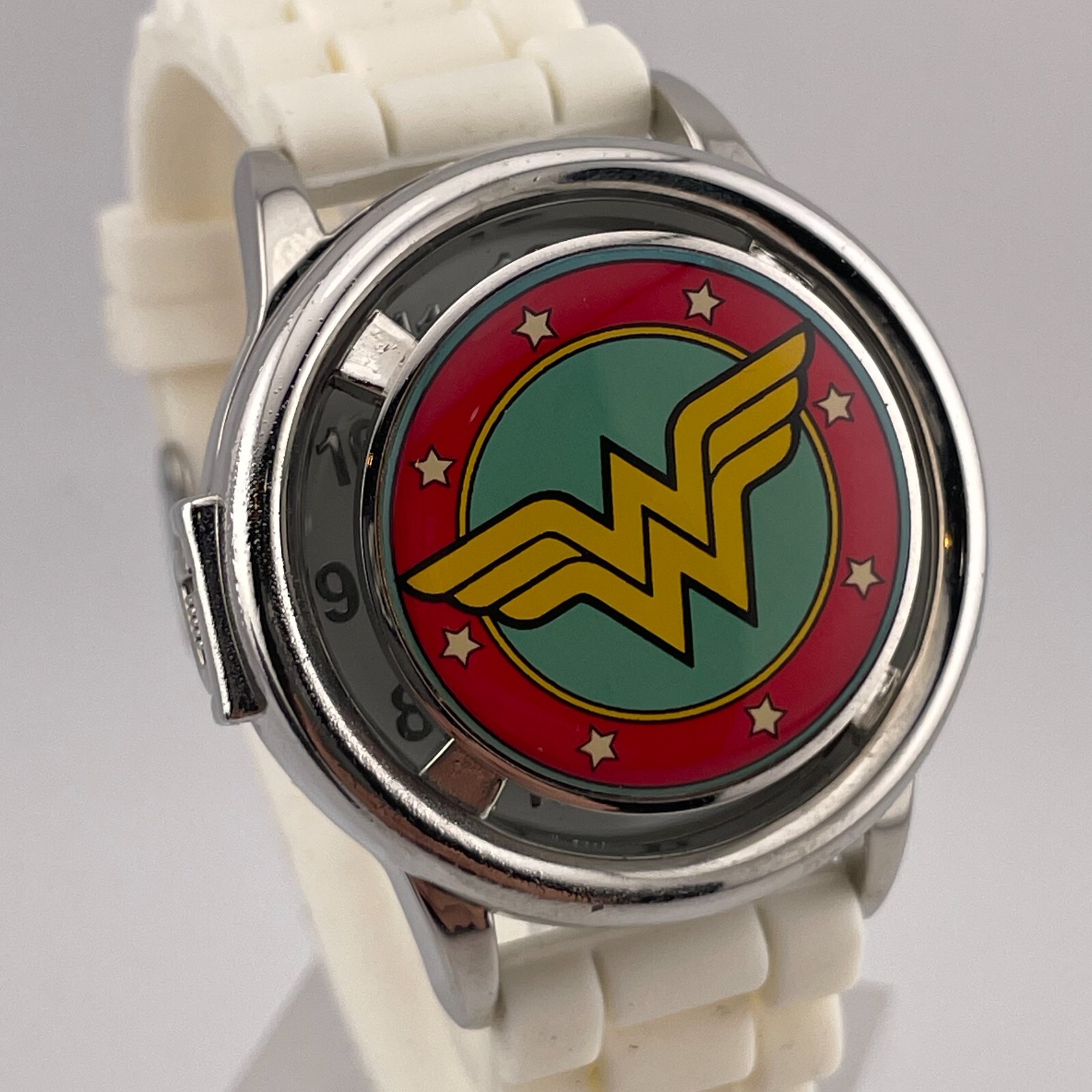 Wonder Woman Watch Womens Flip Up DC Comics 40mm Case White Rubber Band In Box