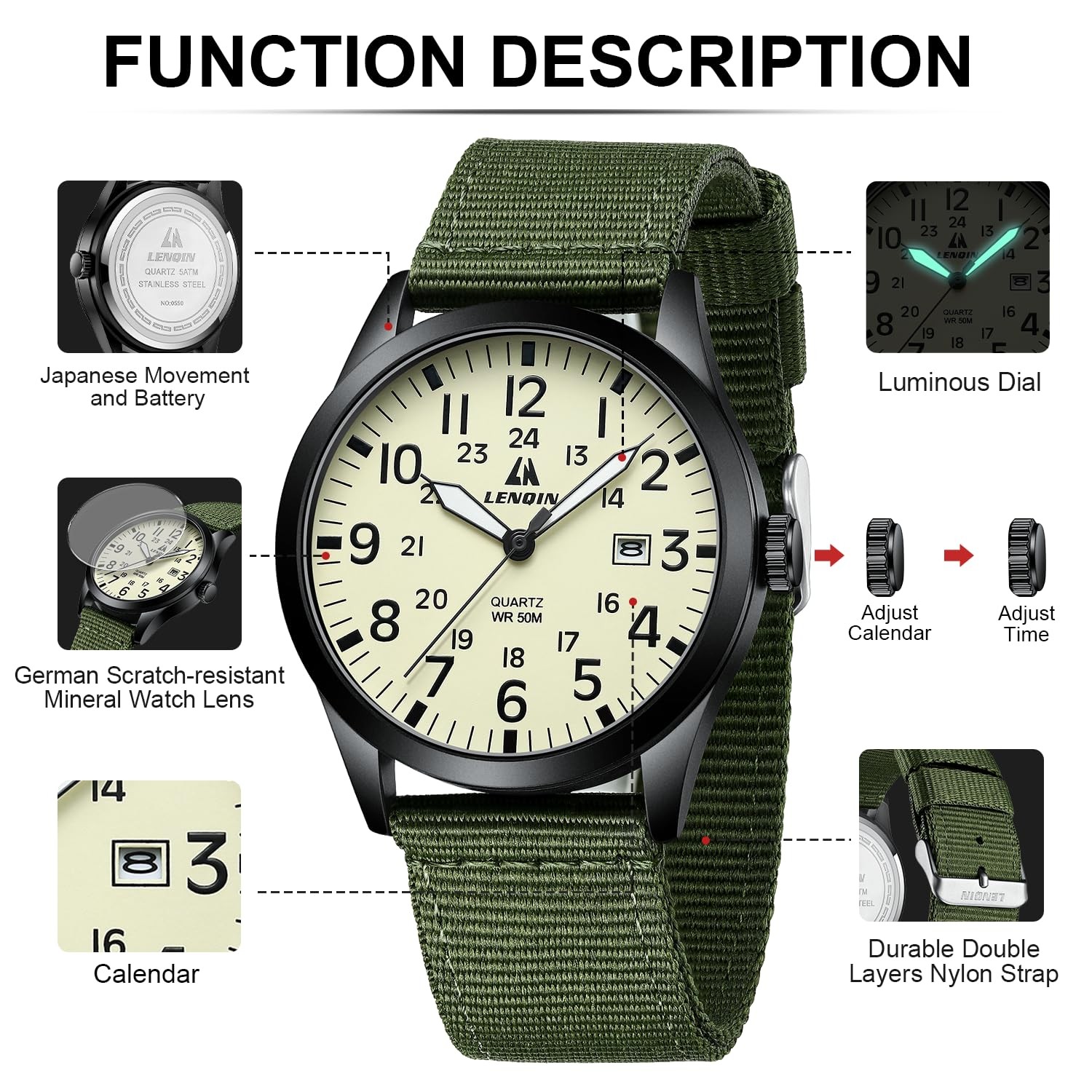 Mens Unisex Military Sport Watch Nylon Strap Luminous Analog Quartz Waterproof