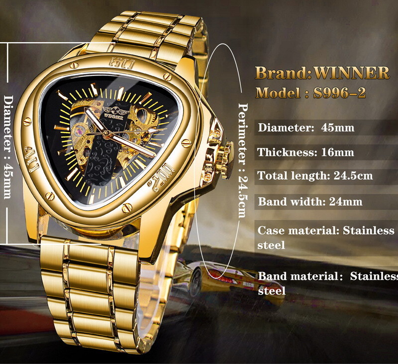 WINNER Mens Triangle Watch Steel Belt Skeleton Automatic Mechanical WristWatch