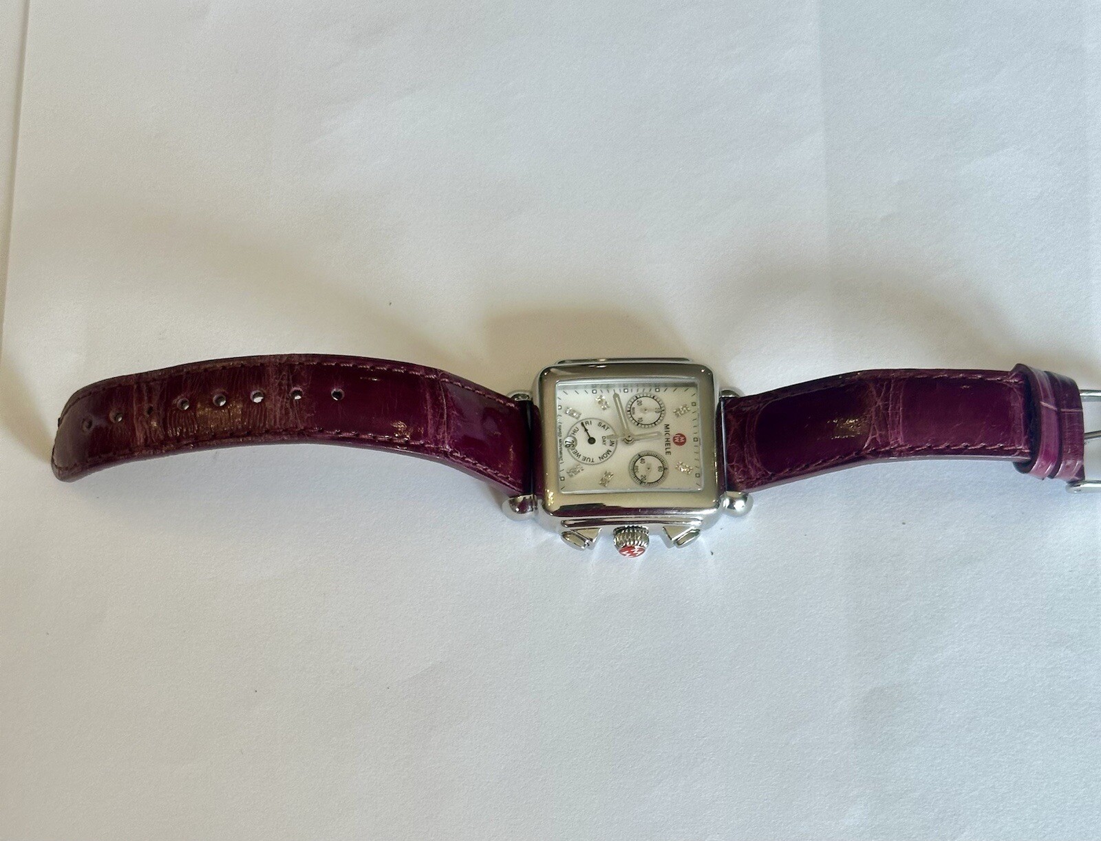 MICHELE – DECO CHRONOGRAPH MOP DIAL, DIAMOND MARKERS w/ GENUINE ALLIGATOR STRAP