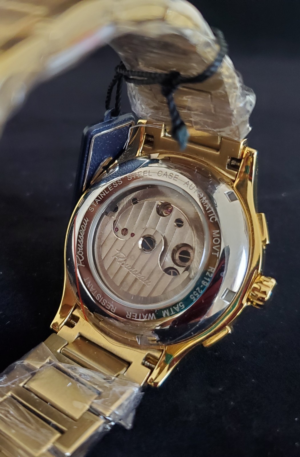 ROUSSEAU STAINLESS STEEL AUTOMATIC 35 JEWELS R219-255 DATE GOLDTONE WATCH