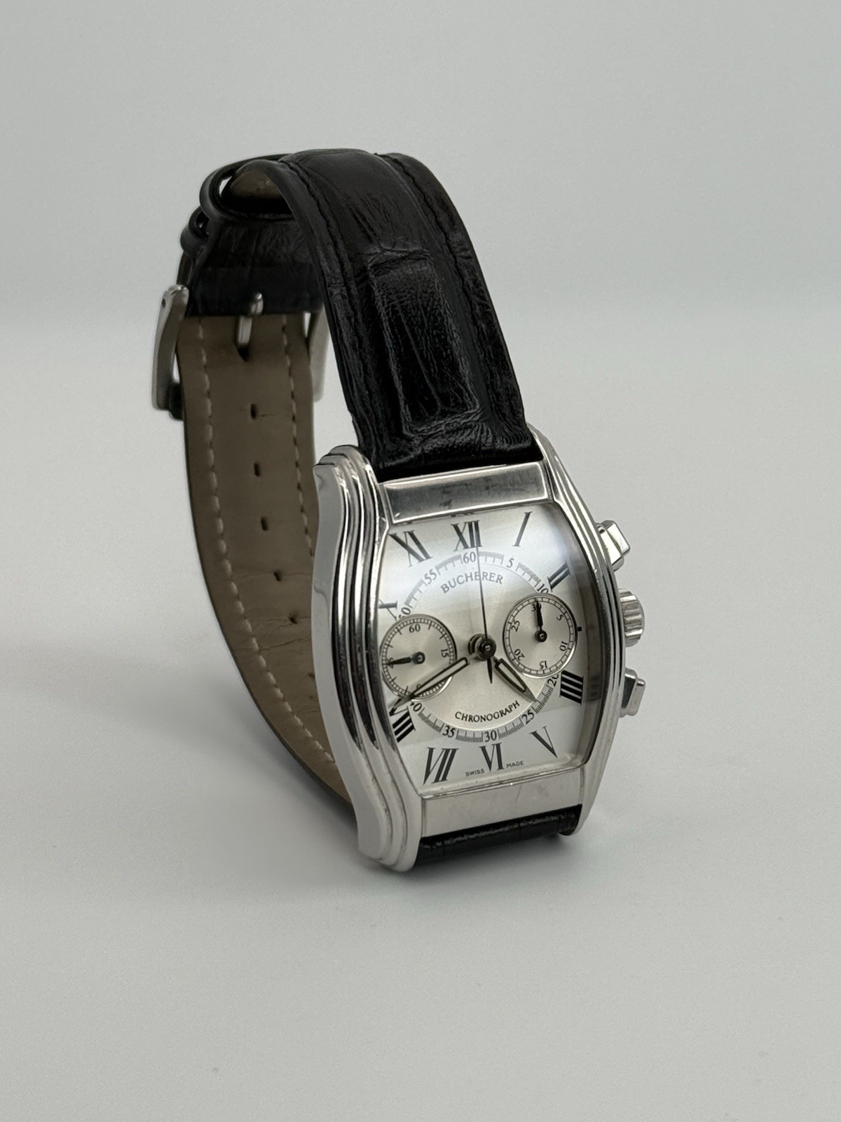 Vintage Bucherer Archimedes Chronograph Swiss Quartz Tonneau Roman Dial Watch