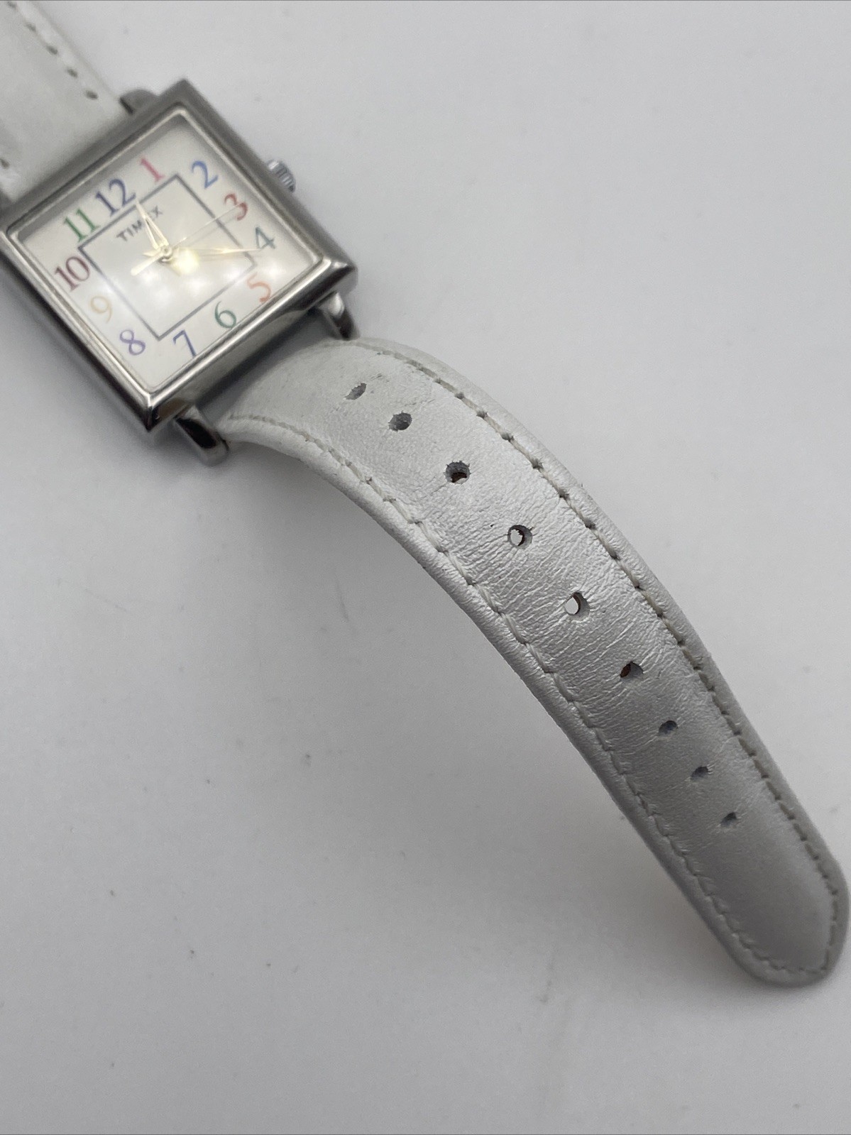 Timex Womens Watch 28mm White Dial Rainbow Numbers White Leather New Battery