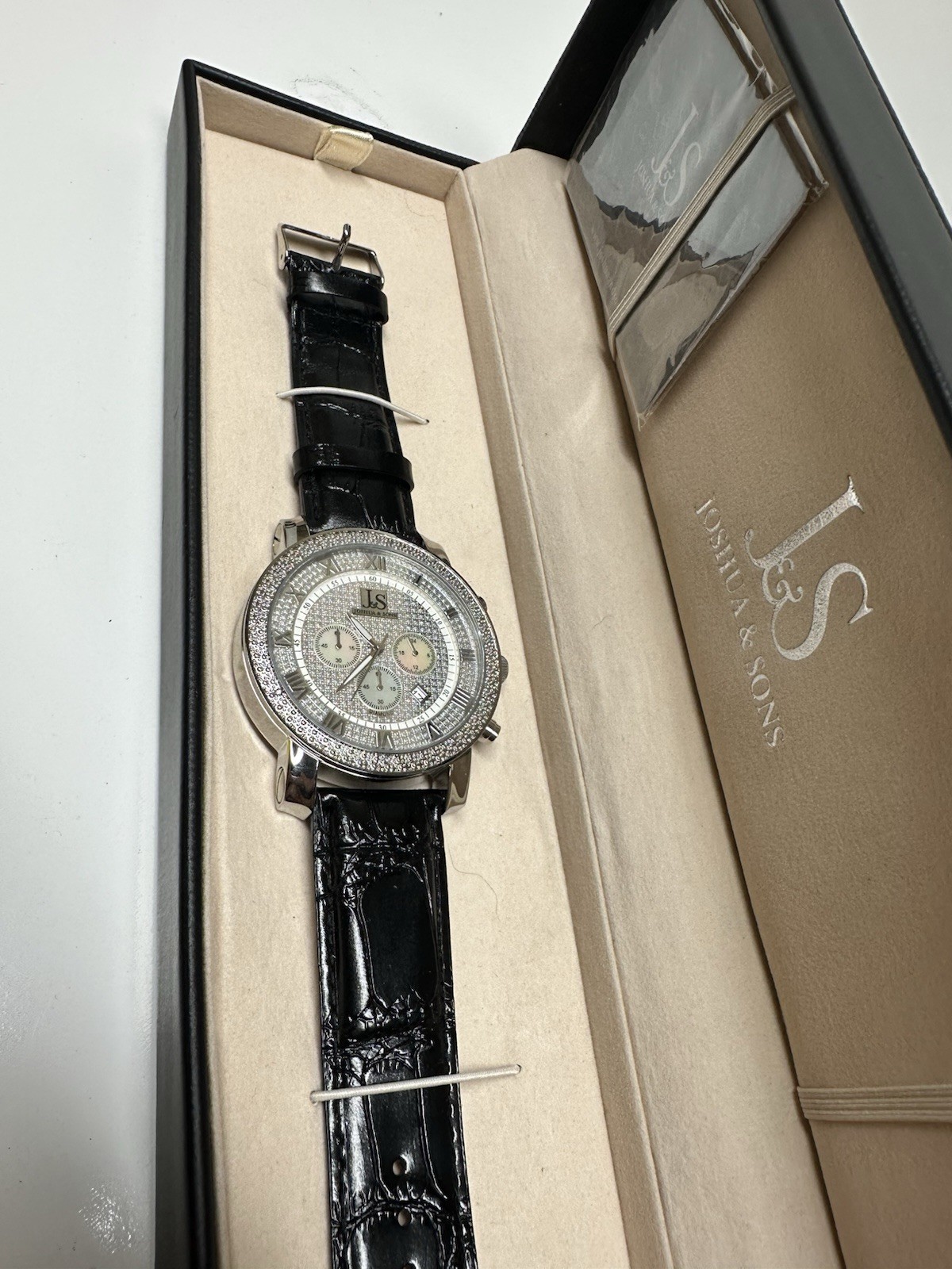 Joshua & Sons Chronograph 47mm Silver Watch Genuine Diamond Bezel Black Leather