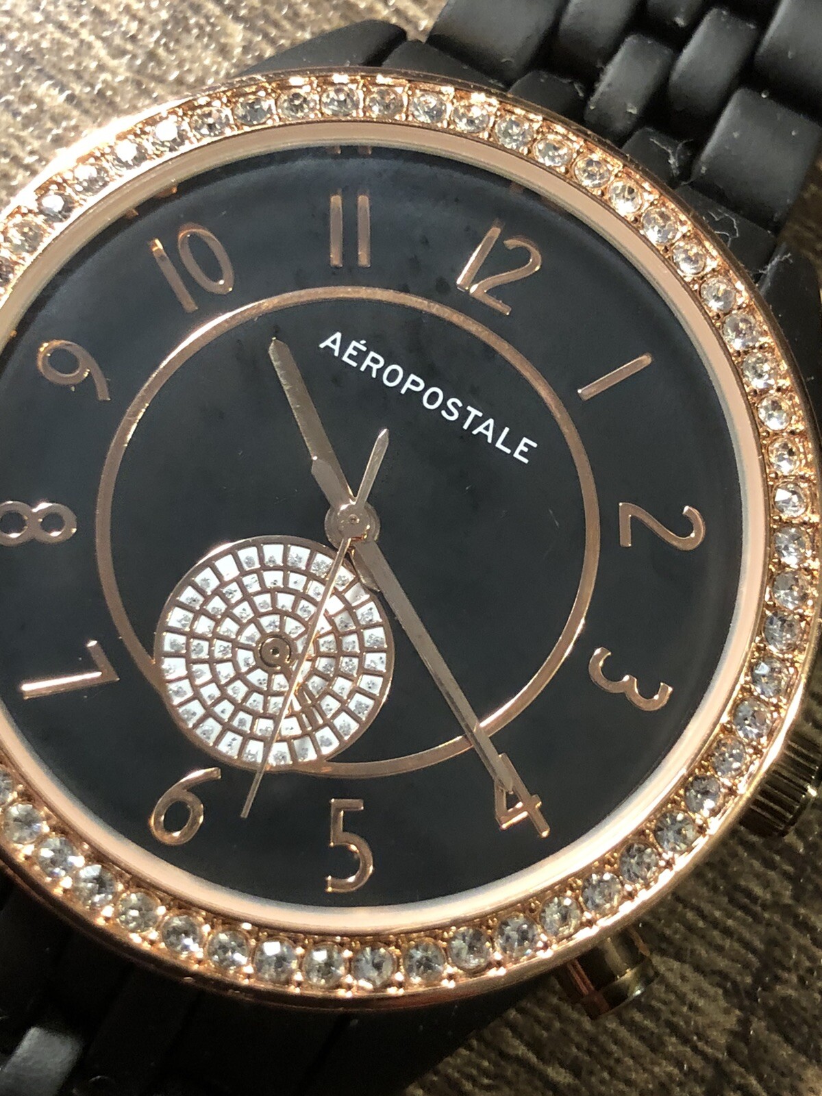 Aeropostale Women’s Watch Rose Gold Tone Gemmed Bezel, Black New Battery