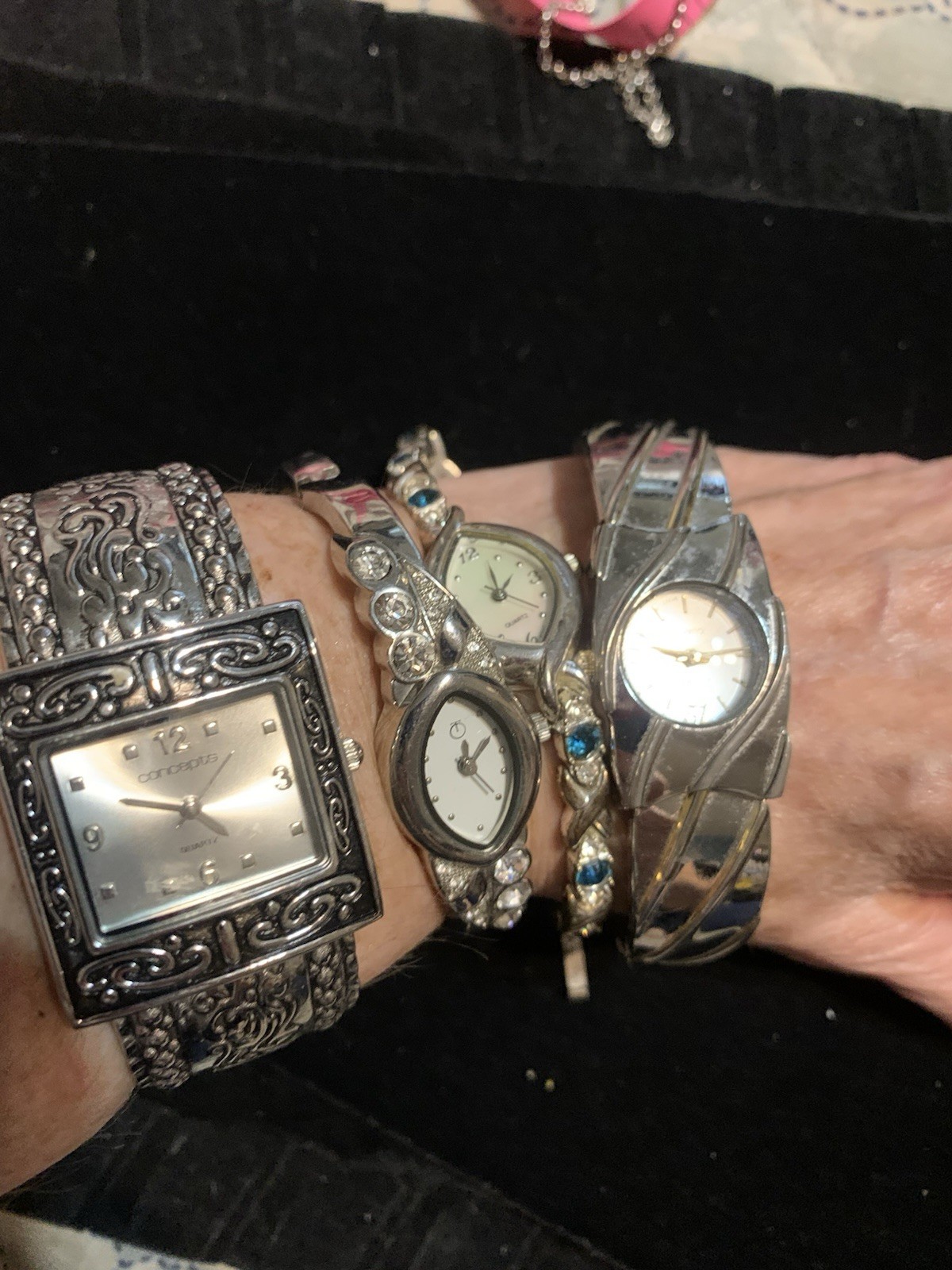 4 Women’s Silvertone Watches All Working New Batteries See Pictures! Rhinestones