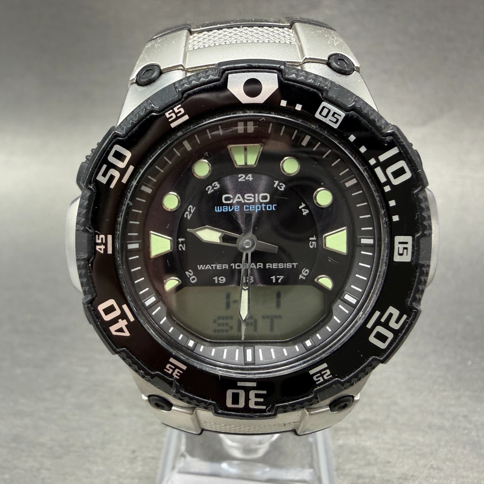 Casio Wave Ceptor Watch Men 45mm Black Dial Steel Ani Digi WVA-107HJ New Batt