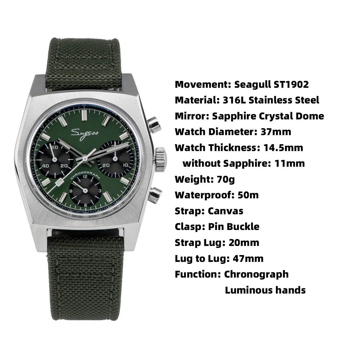 NEW Sugess S419GSS S419 Seagull Mechanical Heritage Chronograph 37mm Men’s Watch