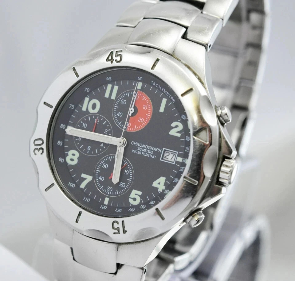 CHRONOGRAPH WATCH DIVER 100M QUARTZ DATE MENS 40mm Stainless Steel