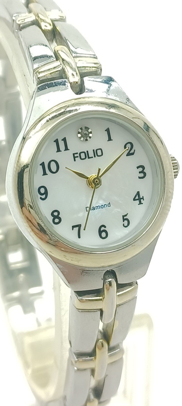 Folio Women’s Quartz Watch Two Tone Bracelet White Dial New Battery ✔️