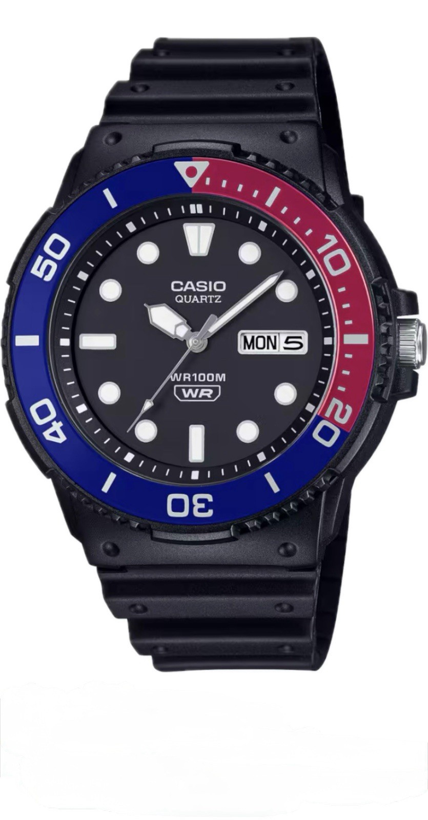 Casio MRW230H Quartz Diver Watch 100m WR Date Black Resin Strap Red/Blue Bezel